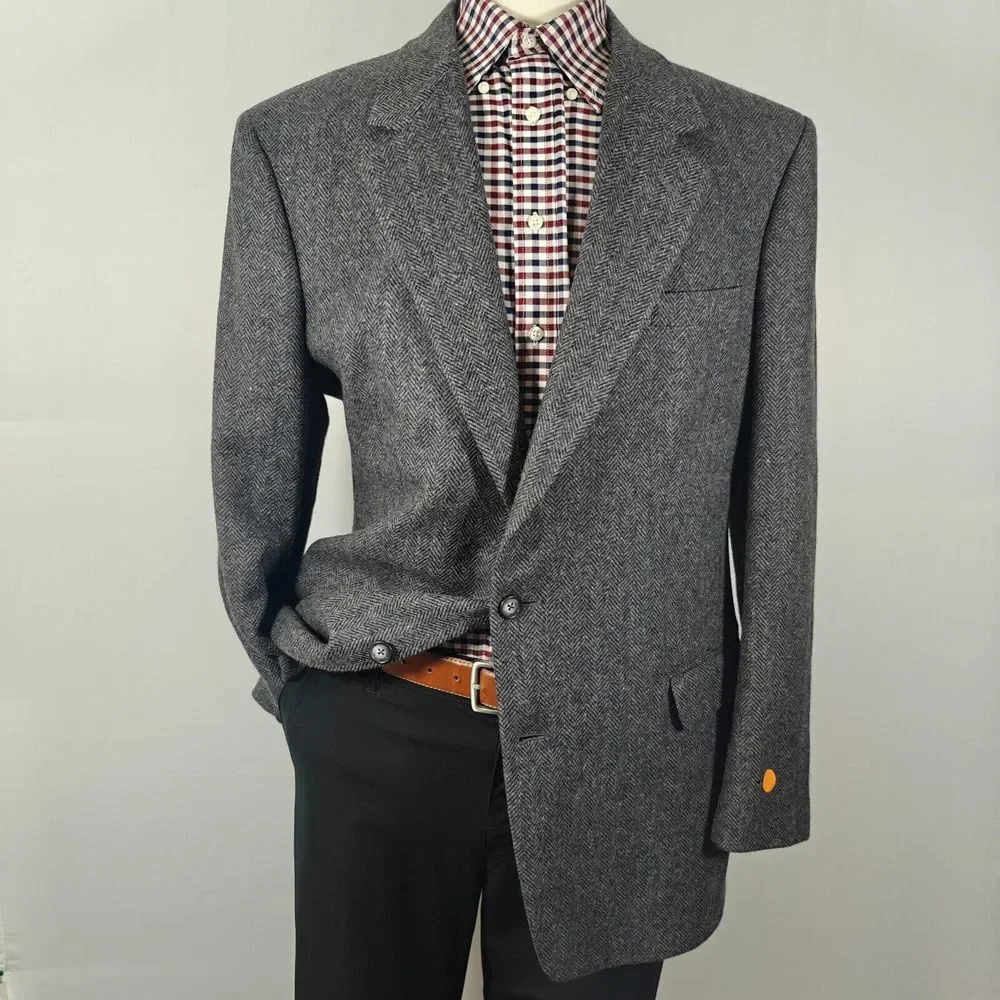 John Alexander‎ Hart Marx Men's Tweed Sport Coat Two Button Gray Herringbone 44L